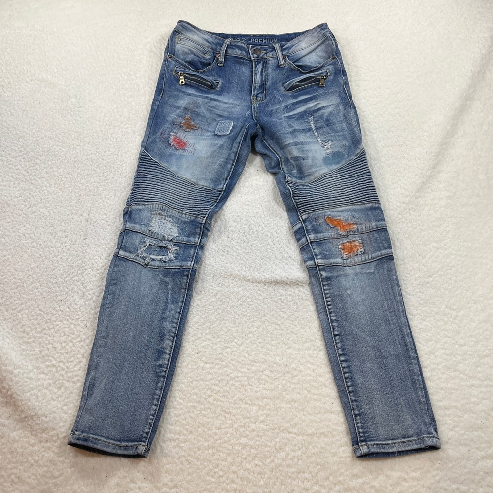 rue21 Jeans Mens 30 Blue‎ Supreme Flex Skinny Moto Biker Distressed Ripped Denim